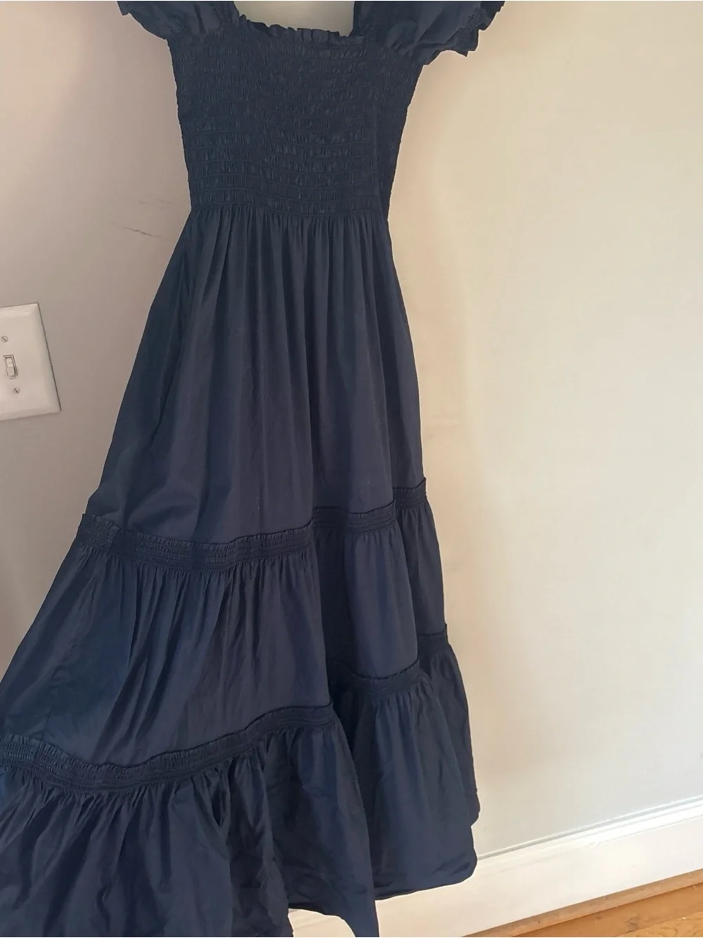 Tory Burch Smocked Puff-Sleeve Maxi Dress in Navy